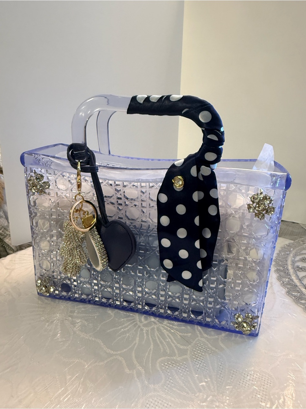 Light blue Jelly  Tote with Navy Polka Dot Scarf Accent with embellishments